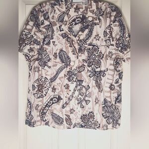 Alfred Dunner 16 Cream Beige Brown Shrtslv Pocket LINEN Blend Women’s Top Shirt